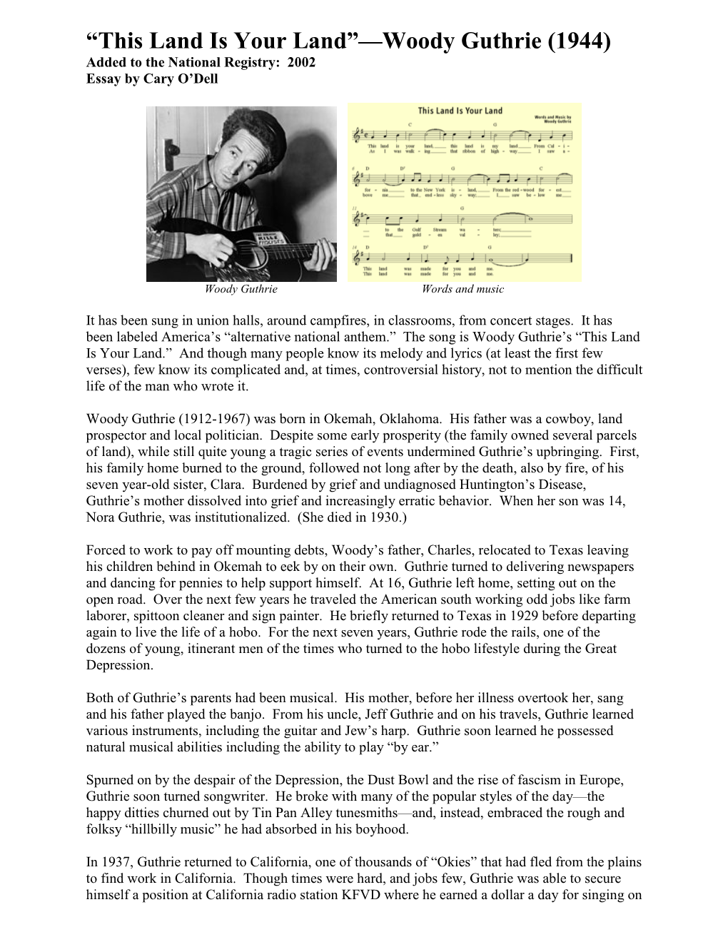 “This Land Is Your Land”—Woody Guthrie (1944) Added to the National Registry: 2002 Essay by Cary O’Dell