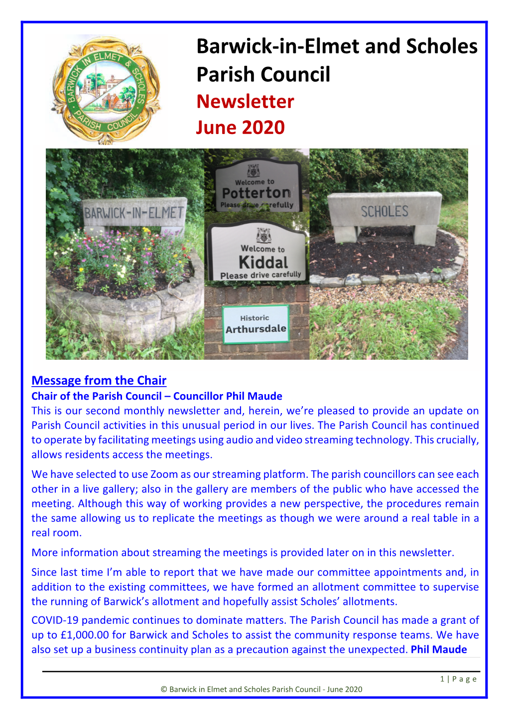 Barwick-In-Elmet and Scholes Parish Council Newsletter June 2020