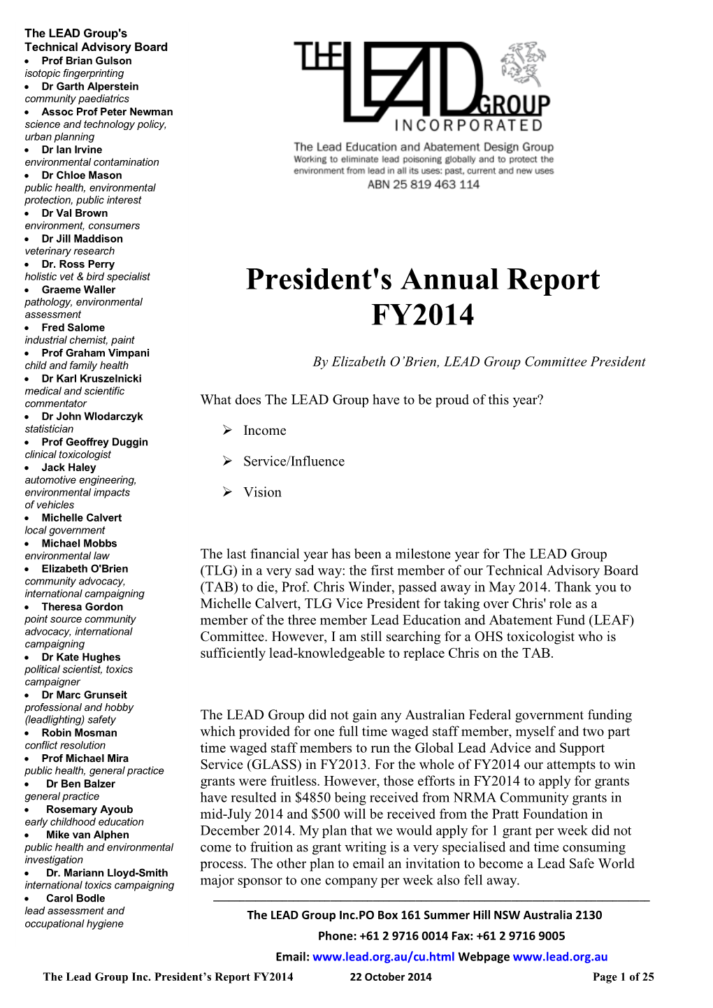 The LEAD Group Inc. President's Annual Report FY2014