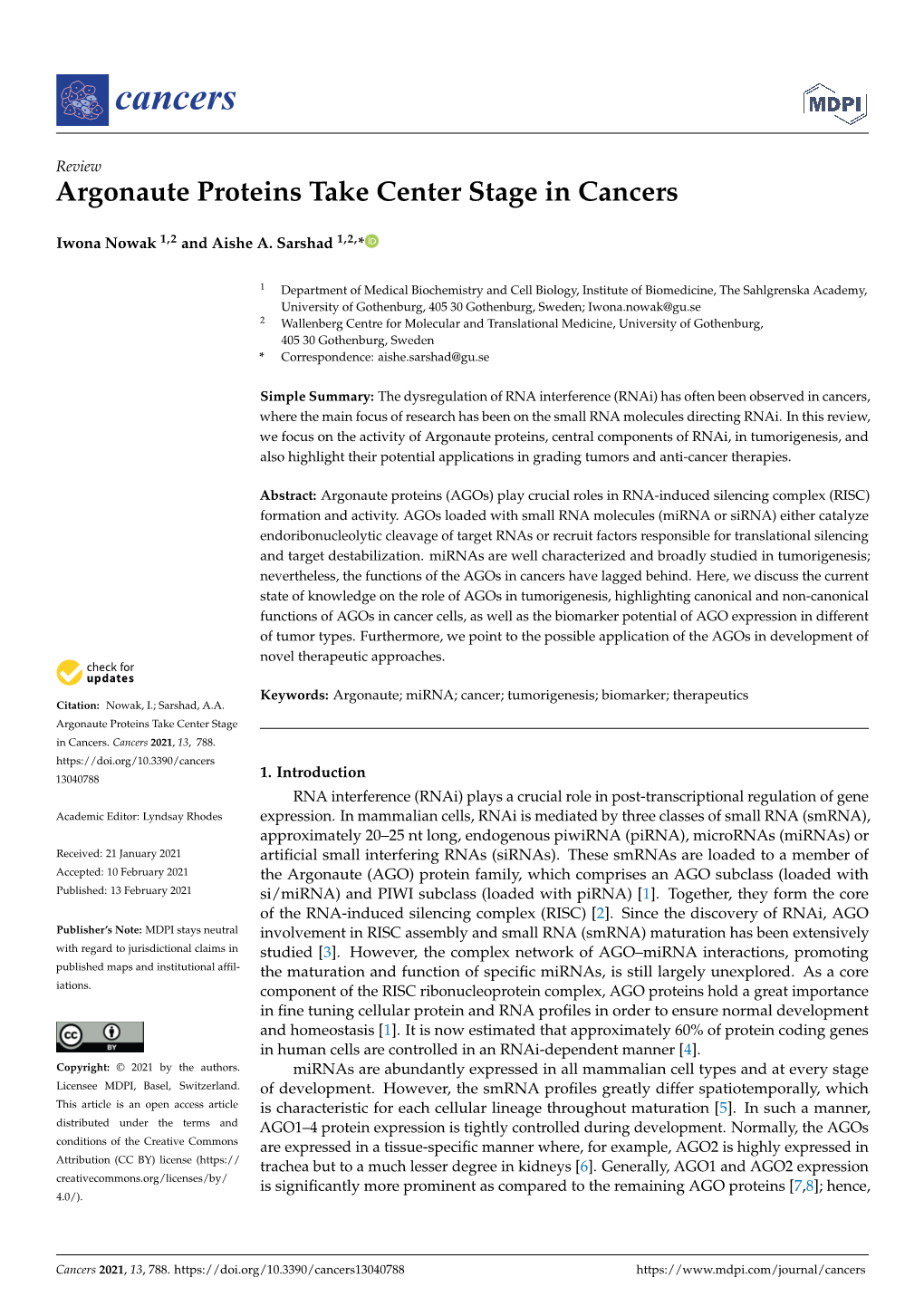 Argonaute Proteins Take Center Stage in Cancers