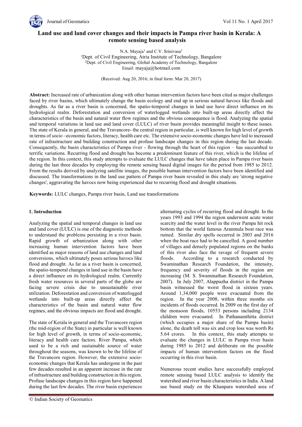 Land Use and Land Cover Changes and Their Impacts in Pampa River Basin in Kerala: a Remote Sensing Based Analysis