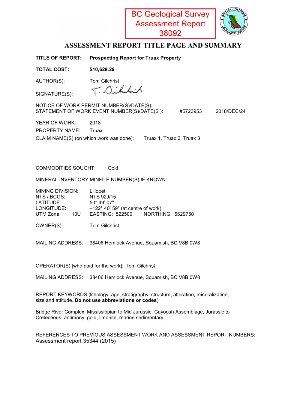 BC Geological Survey Assessment Report 38092