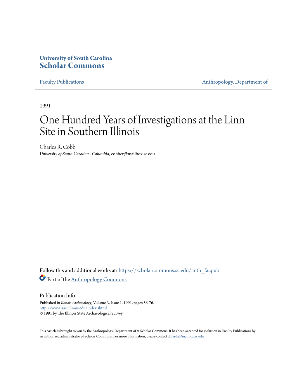 One Hundred Years of Investigations at the Linn Site in Southern Illinois Charles R