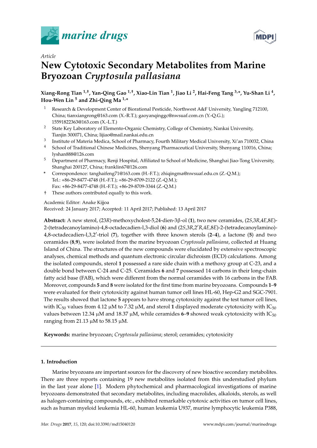 New Cytotoxic Secondary Metabolites from Marine Bryozoan Cryptosula Pallasiana