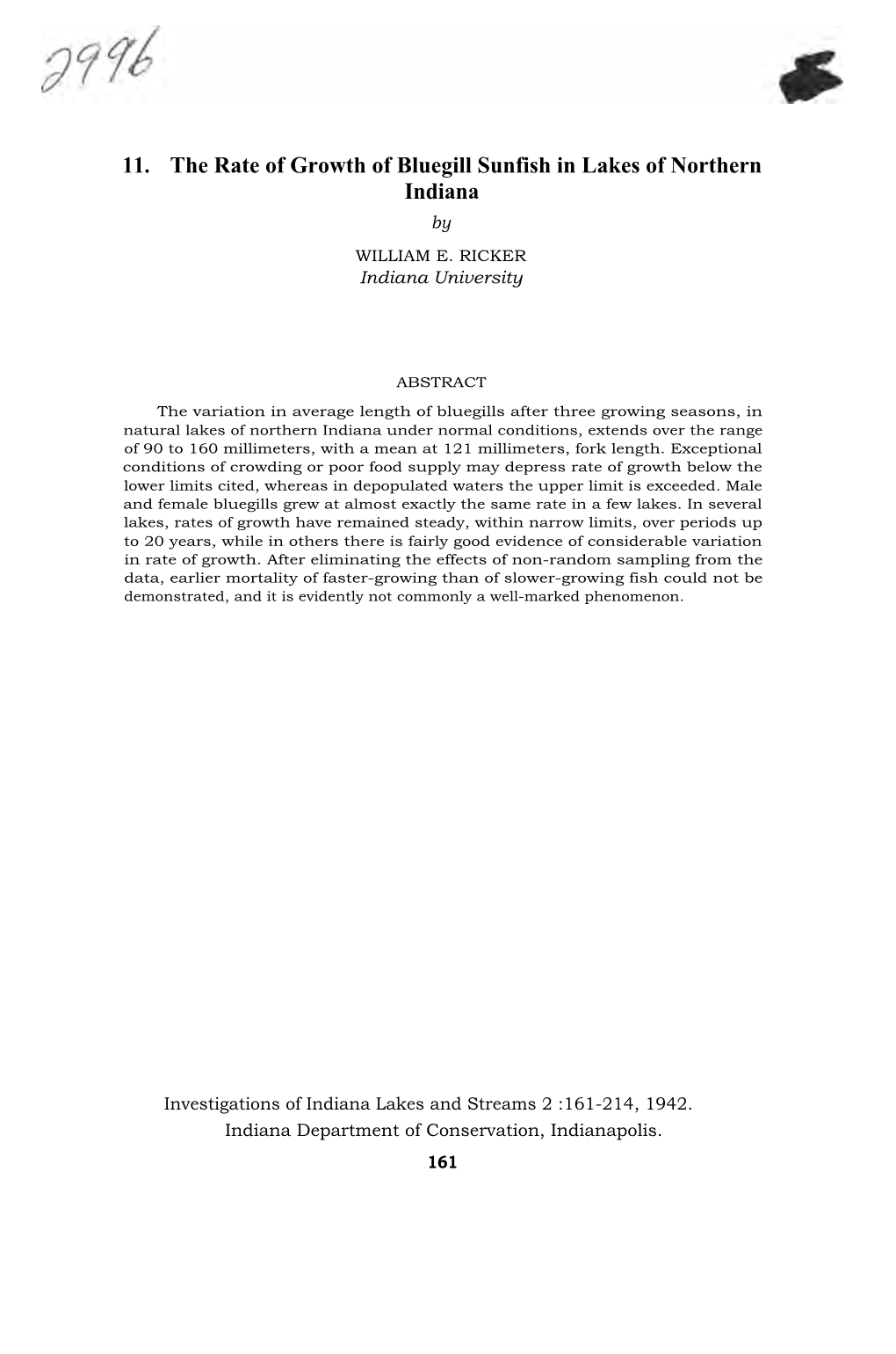 11. the Rate of Growth of Bluegill Sunfish in Lakes of Northern Indiana By