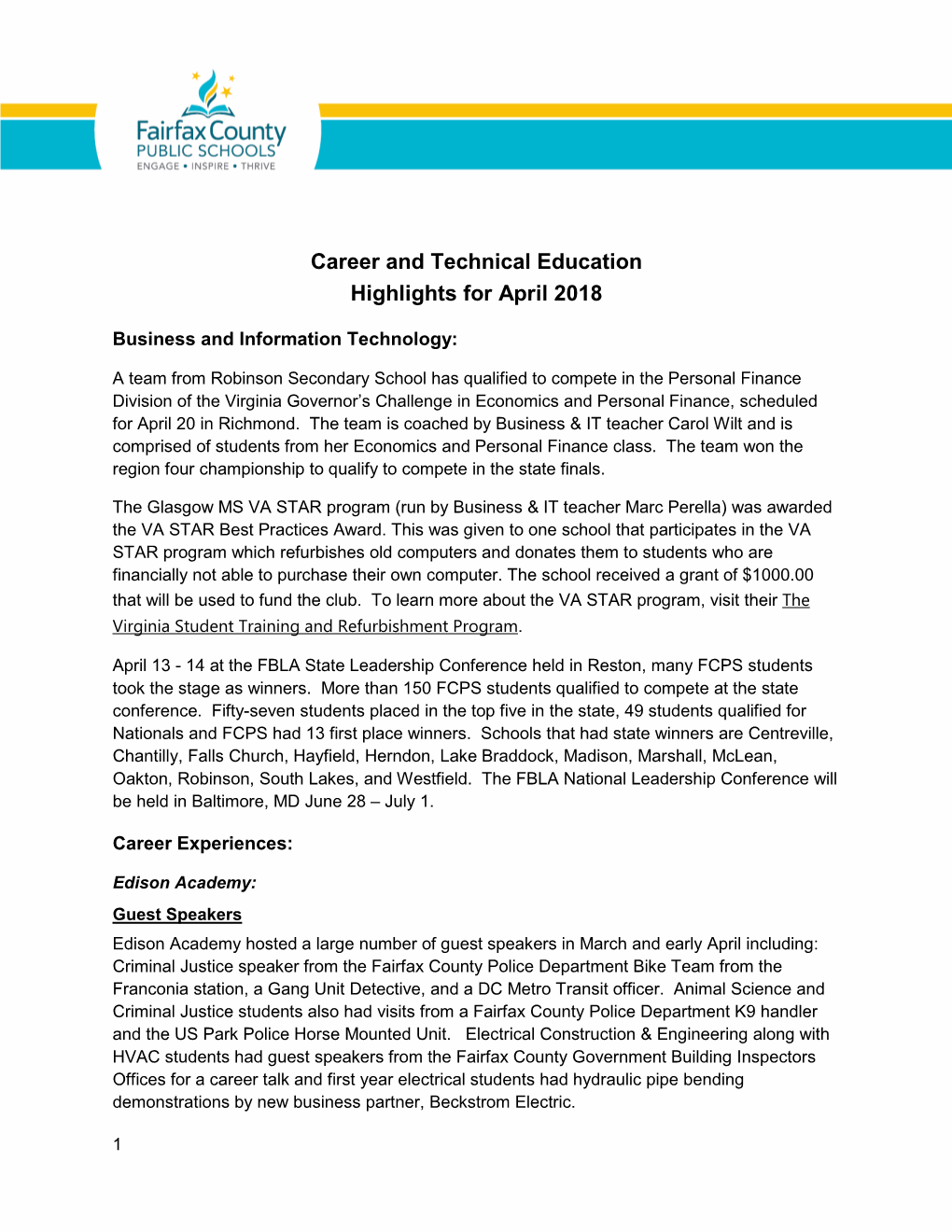 Career and Technical Education Highlights for April 2018