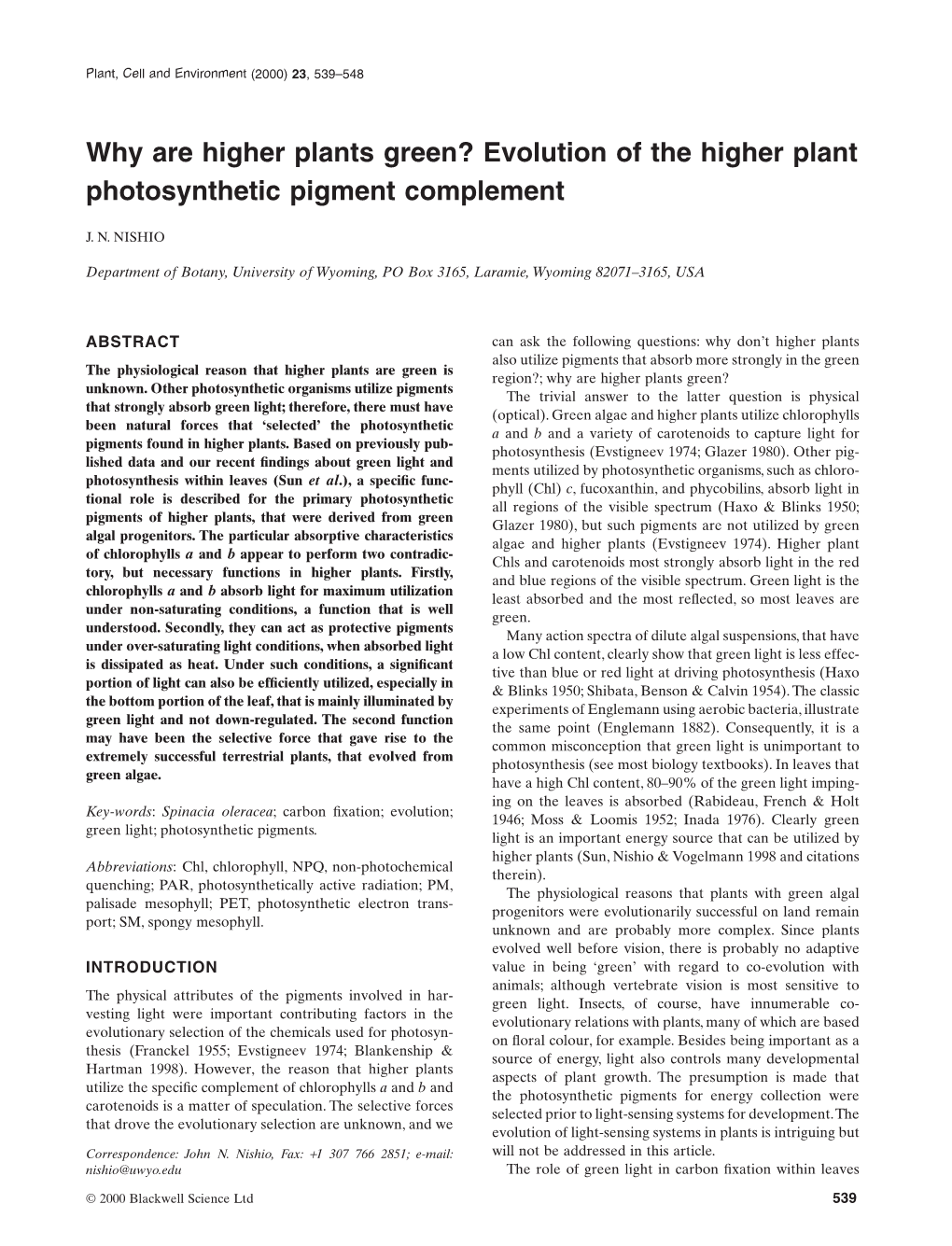 Evolution of the Higher Plant Photosynthetic Pigment Complement