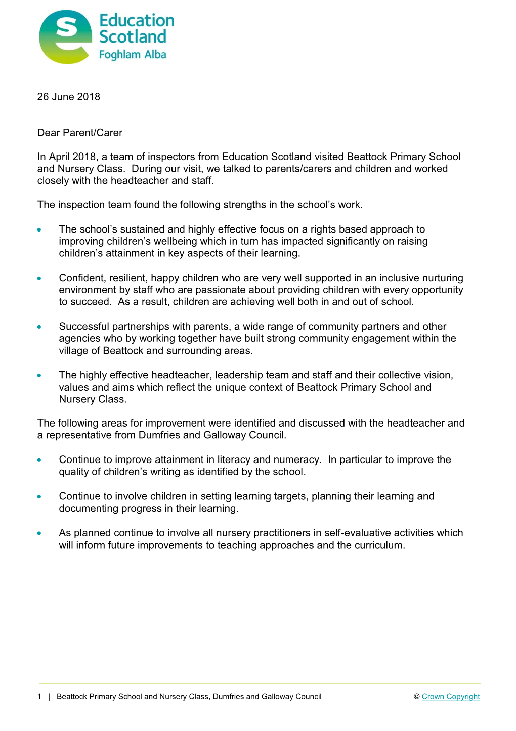 Beattock Primary School Inspection Report, Dumfries and Galloway