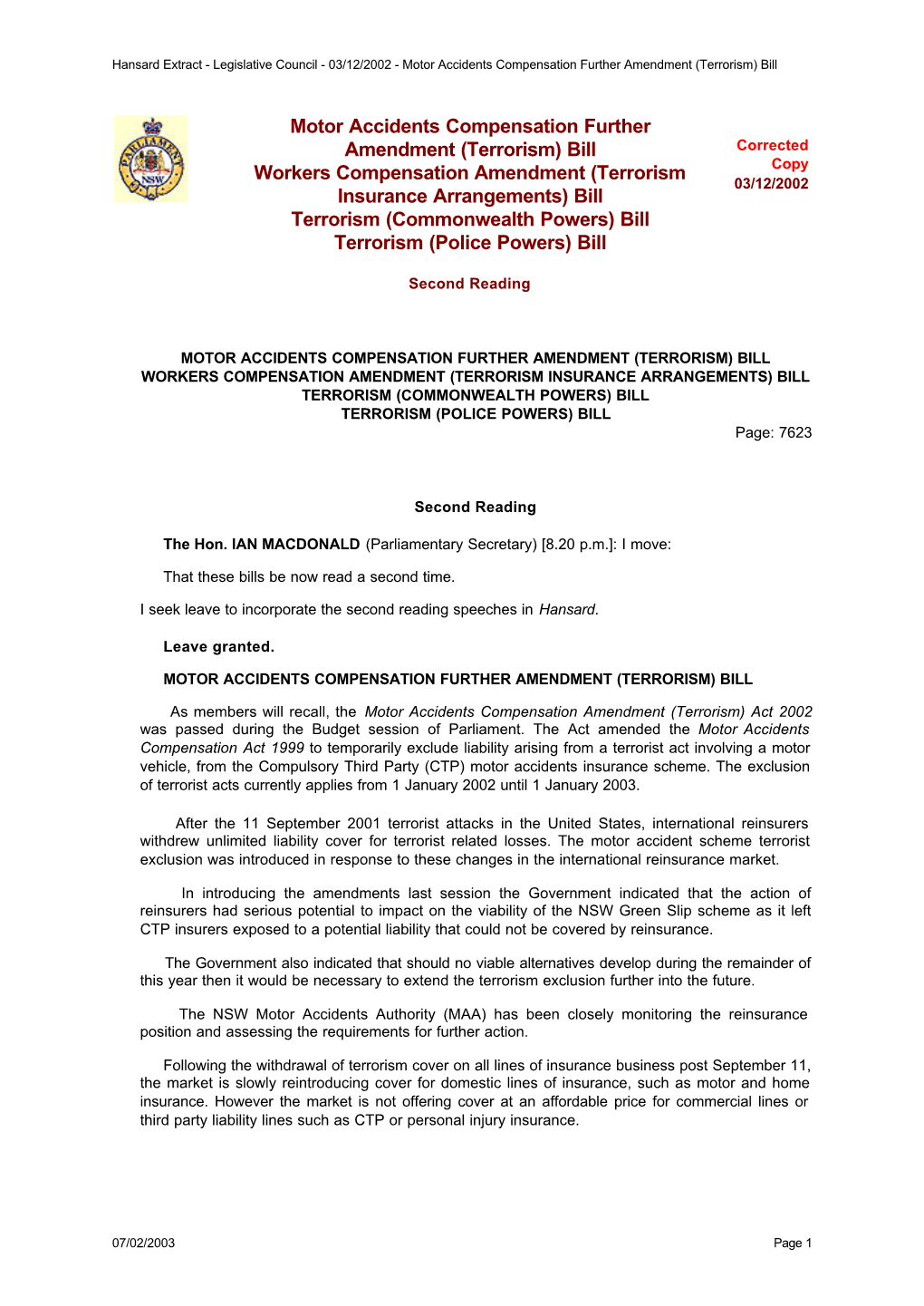 Legislative Council - 03/12/2002 - Motor Accidents Compensation Further Amendment (Terrorism) Bill