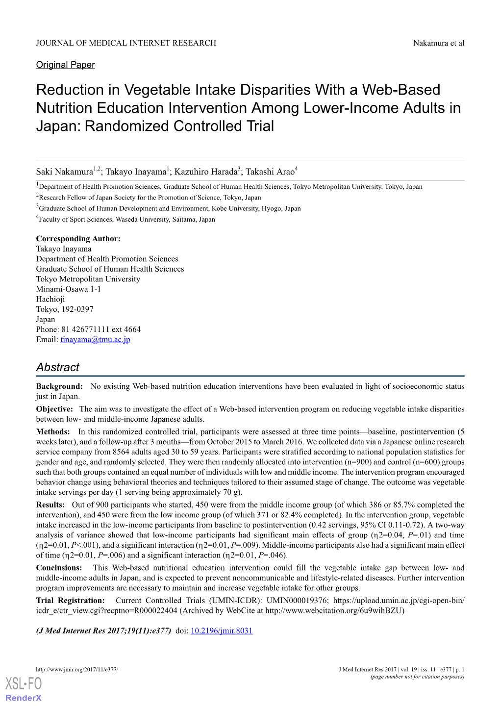 Reduction in Vegetable Intake Disparities with a Web-Based Nutrition Education Intervention Among Lower-Income Adults in Japan: Randomized Controlled Trial