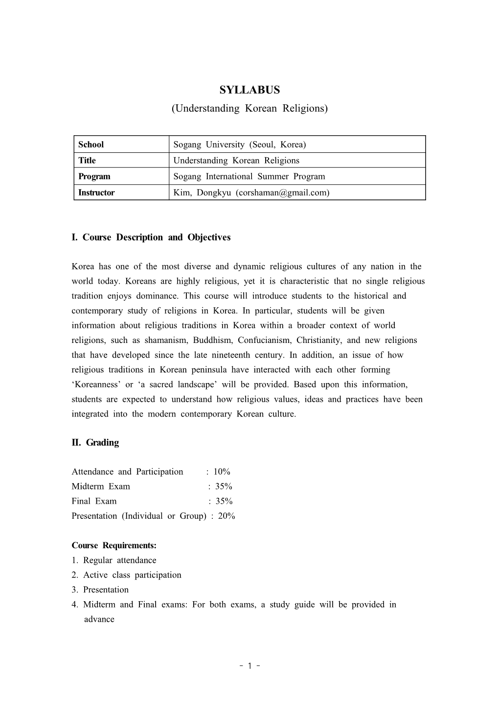 SYLLABUS (Understanding Korean Religions)