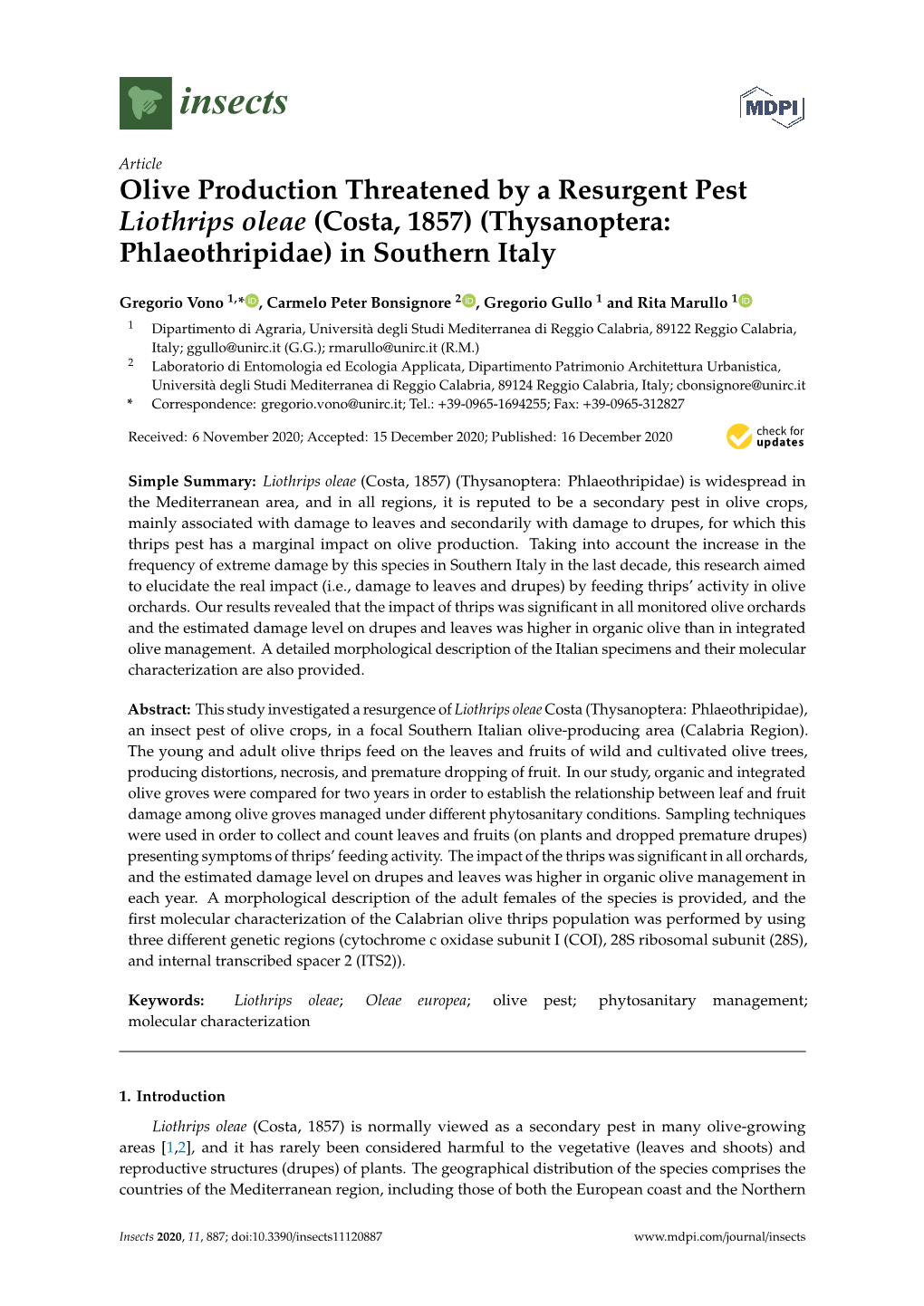 Olive Production Threatened by a Resurgent Pest Liothrips Oleae (Costa, 1857) (Thysanoptera: Phlaeothripidae) in Southern Italy