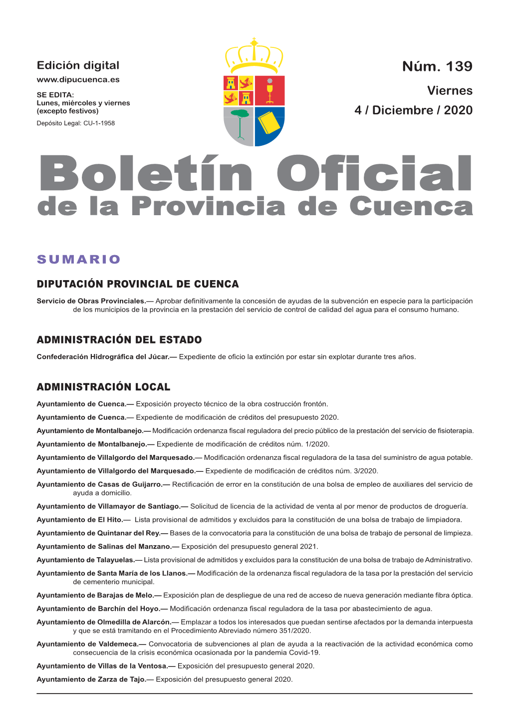 Boletín Oficial De La Provincia De Cuenca Sumario Diputación Provincial De Cuenca