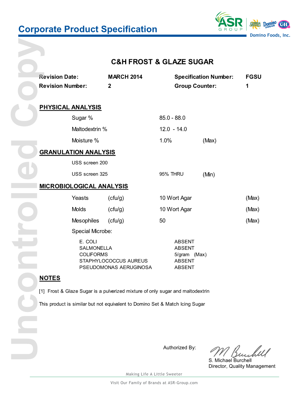 Corporate Product Specification Domino Foods, Inc