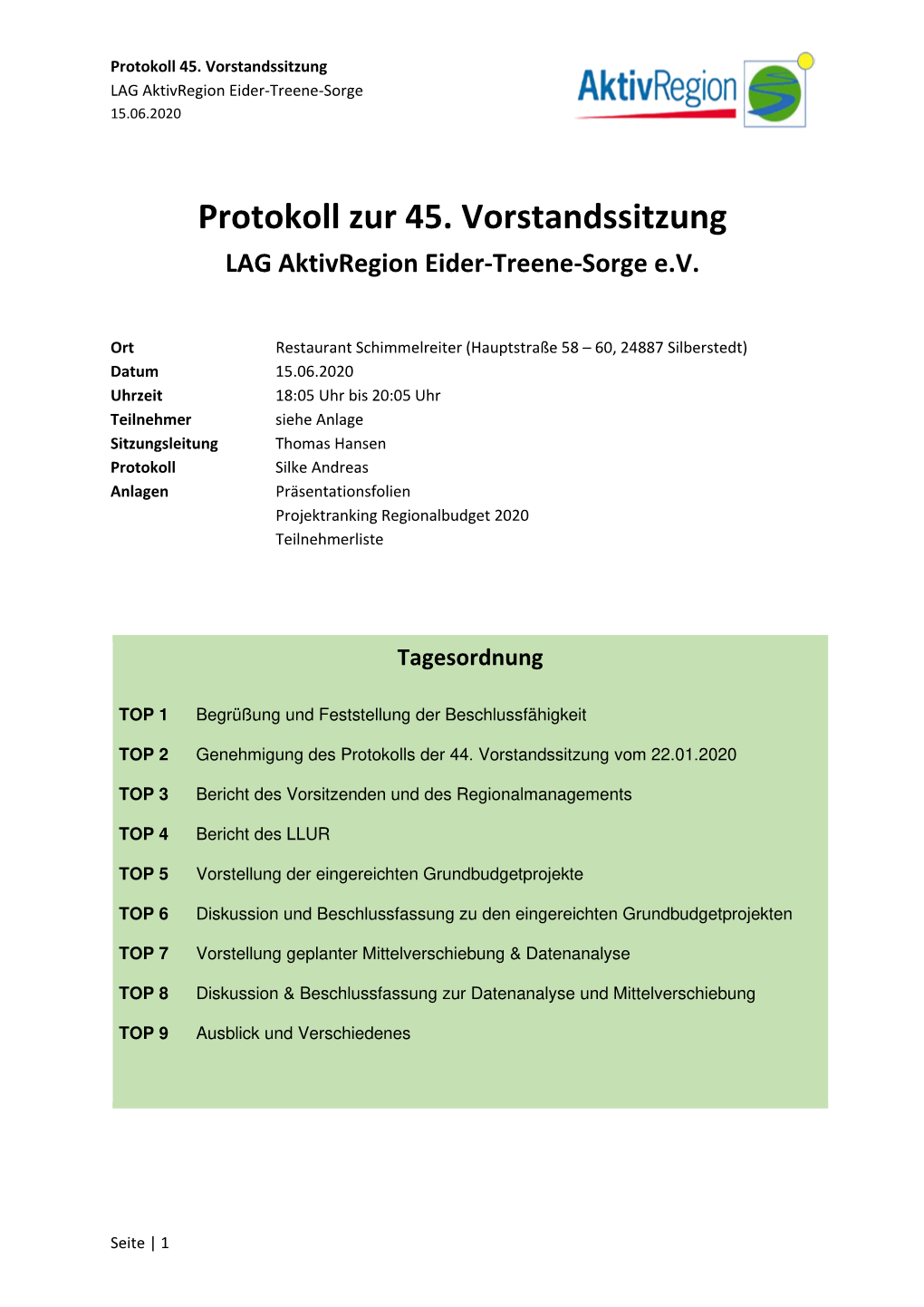 Protokoll Zur 45. Vorstandssitzung LAG Aktivregion Eider-Treene-Sorge E.V