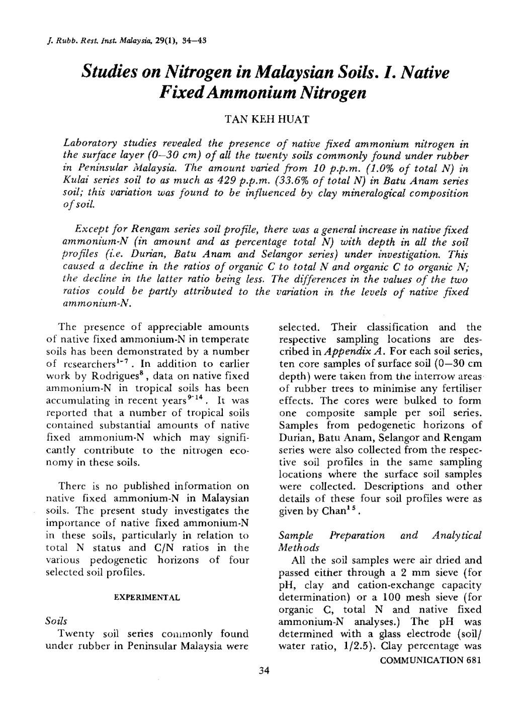 Studies on Nitrogen in Malaysian Soils. I. Native Fixed Ammonium Nitrogen