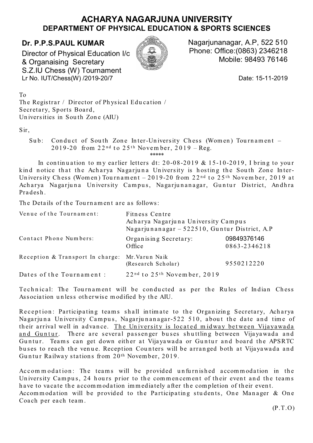 Final Communication Letter of SZ IU Chess (Women) Tournament 2019-20