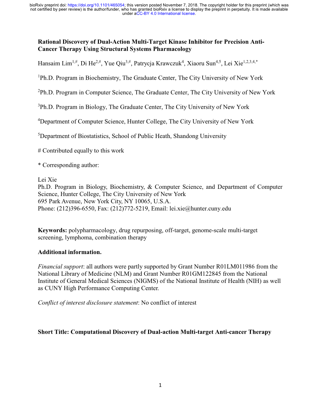 Rational Discovery of Dual-Action Multi-Target Kinase Inhibitor for Precision Anti- Cancer Therapy Using Structural Systems Pharmacology