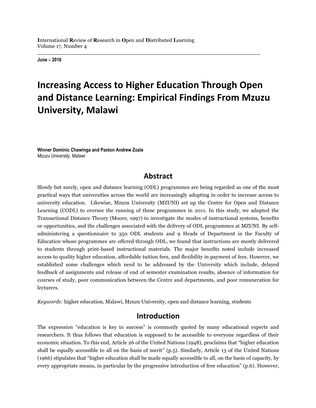 Increasing Access to Higher Education Through Open and Distance Learning: Empirical Findings from Mzuzu University, Malawi