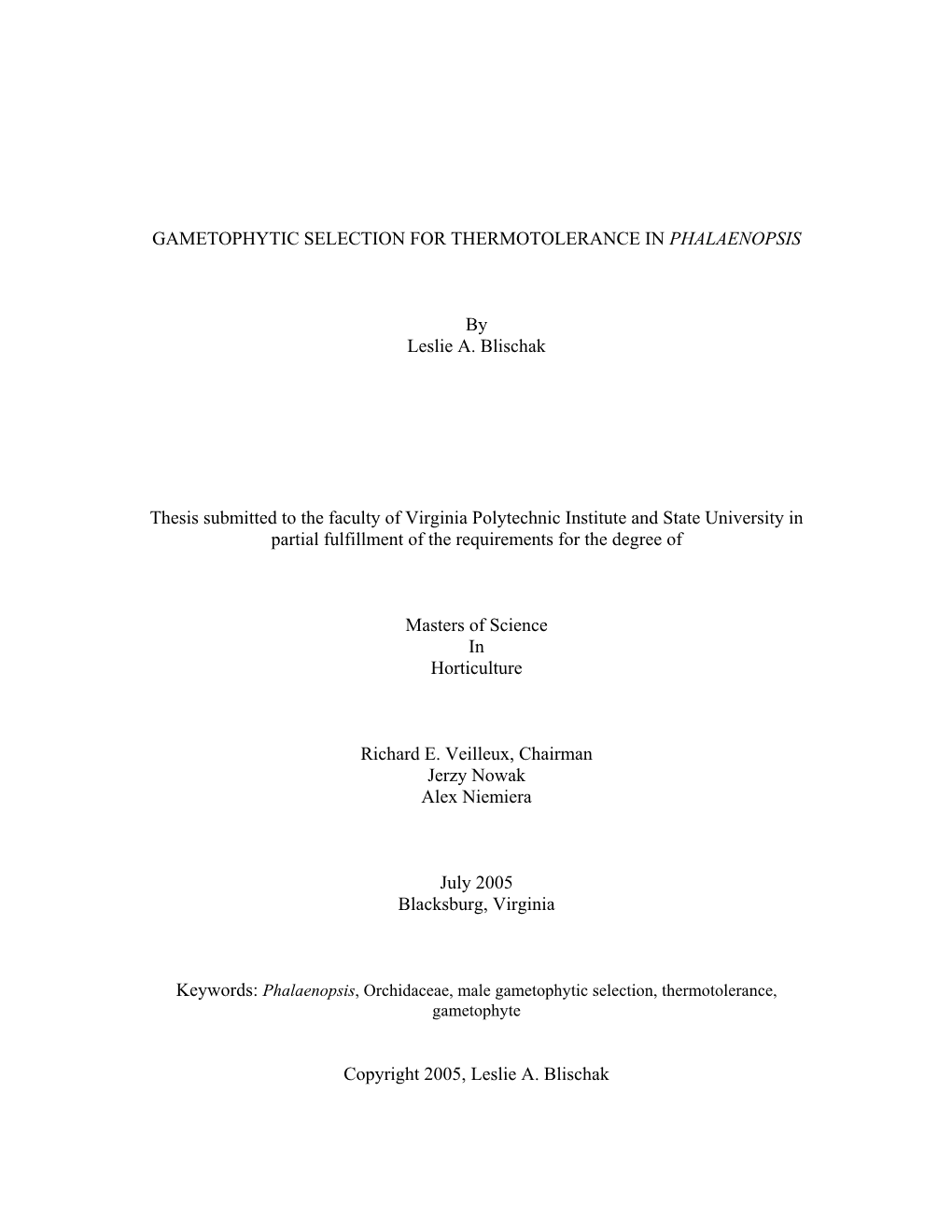 Gametophytic Selection for Thermotolerance in Phalaenopsis