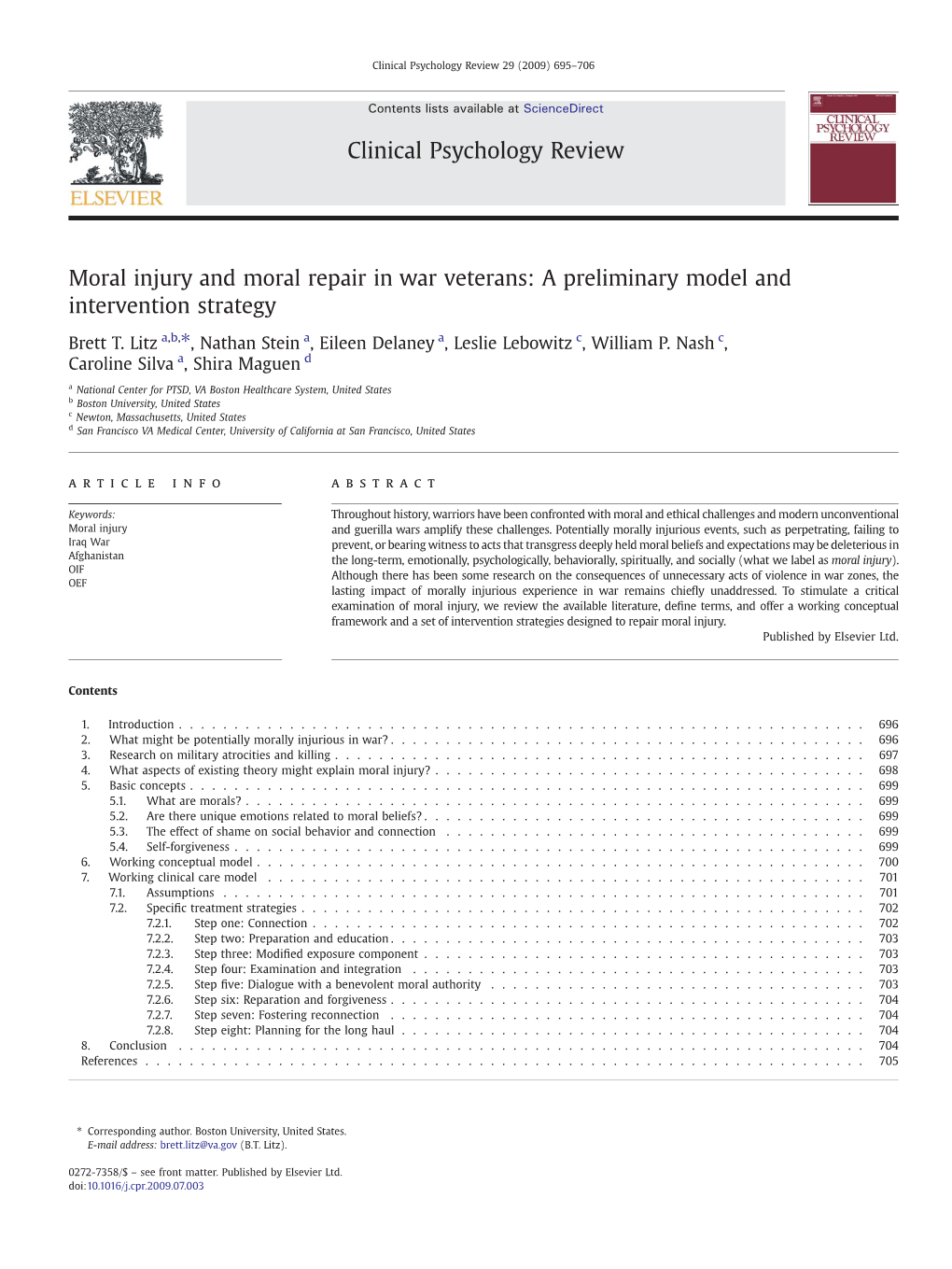 Moral Injury and Moral Repair in War Veterans: a Preliminary Model and Intervention Strategy