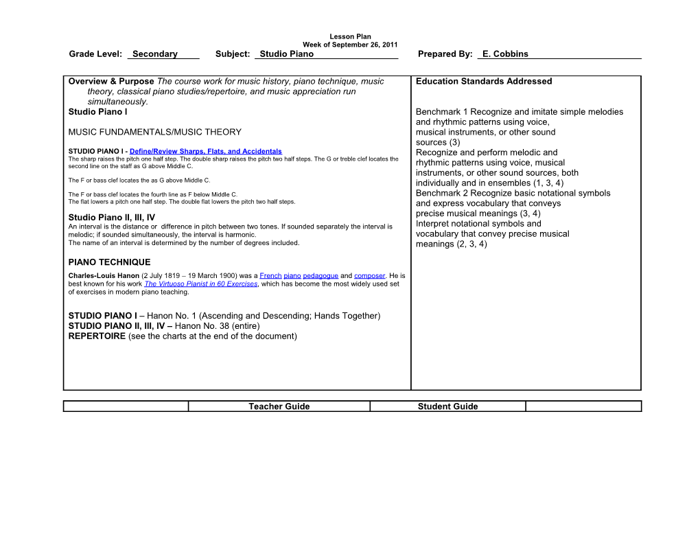 Overview & Purpose the Course Work for Music History, Piano Technique, Music Theory, Classical