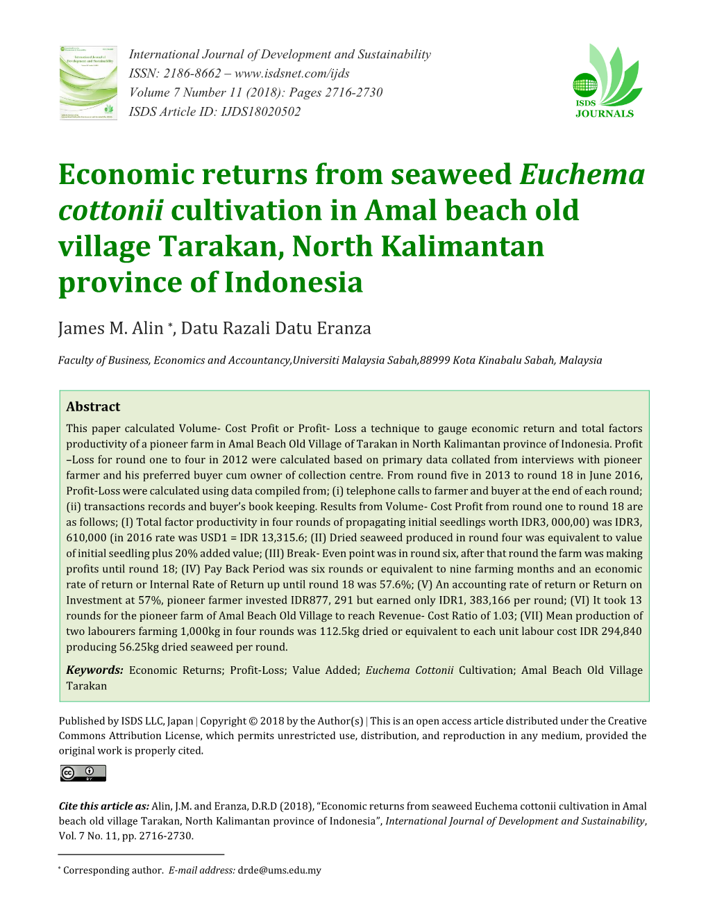 Economic Returns from Seaweed Euchema Cottonii Cultivation in Amal Beach Old Village Tarakan, North Kalimantan Province of Indonesia