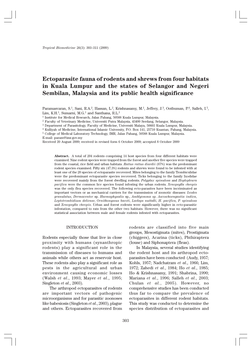 Ectoparasite Fauna of Rodents and Shrews from Four Habitats in Kuala Lumpur and the States of Selangor and Negeri Sembilan, Malaysia and Its Public Health Significance