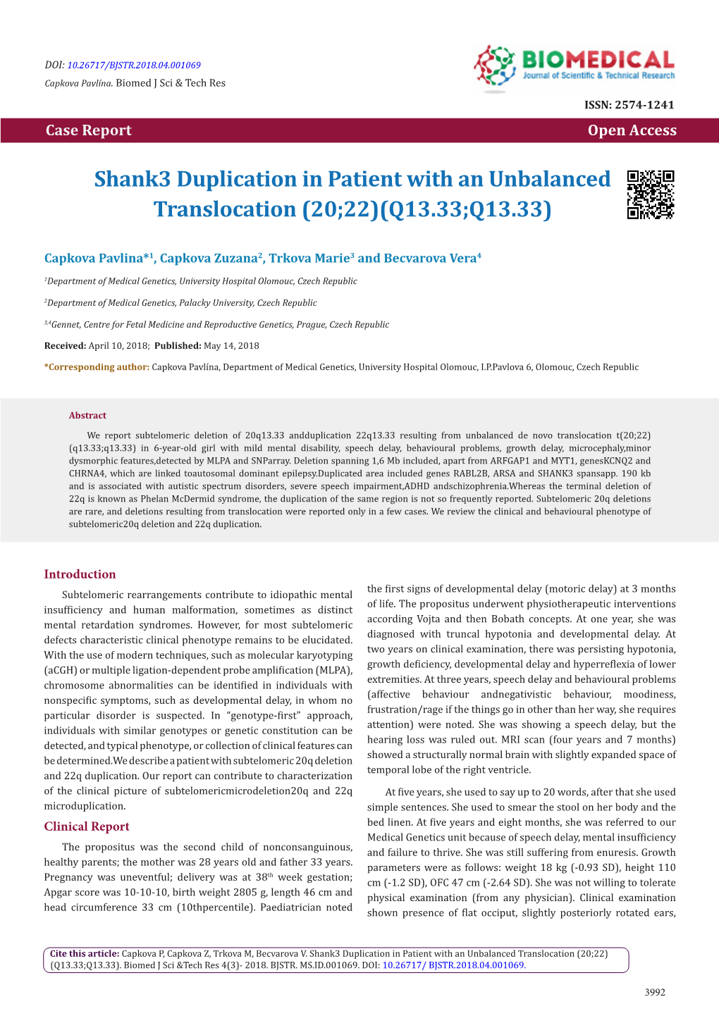 Shank3 Duplication in Patient with an Unbalanced Translocation (20;22)(Q13.33;Q13.33)