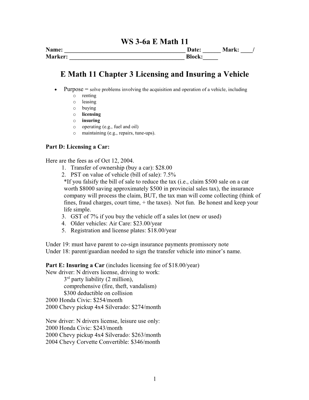 E Math 11 Chapter 3 Licensing and Insuring a Vehicle