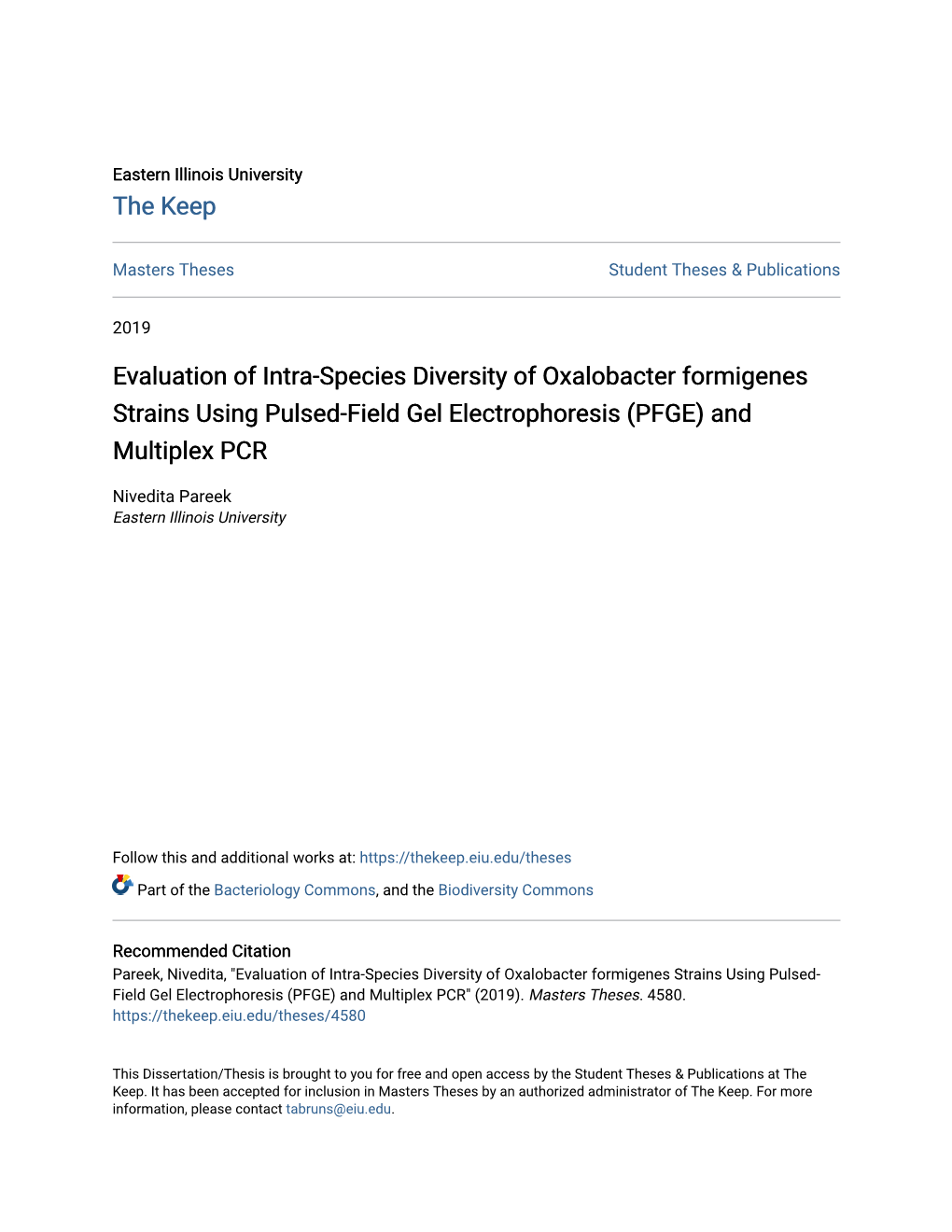 Evaluation of Intra-Species Diversity of Oxalobacter Formigenes Strains Using Pulsed-Field Gel Electrophoresis (PFGE) and Multiplex PCR