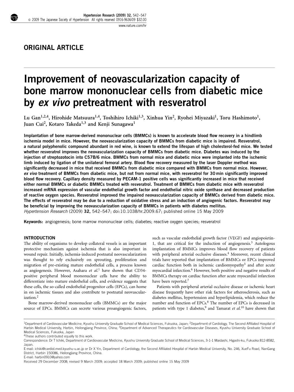 Improvement of Neovascularization Capacity of Bone Marrow Mononuclear Cells from Diabetic Mice by Ex Vivo Pretreatment with Resveratrol