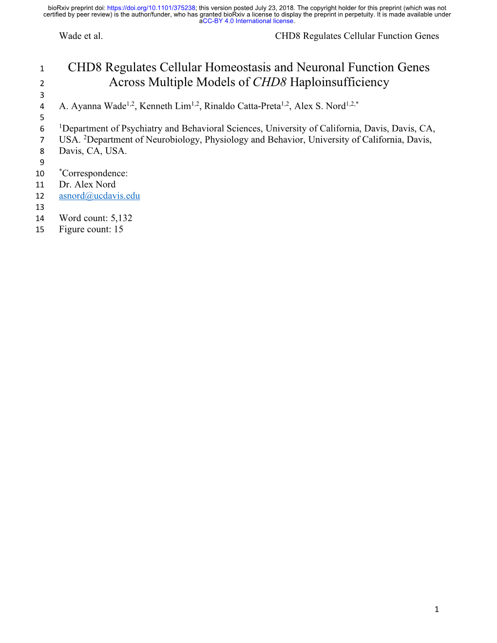 CHD8 Regulates Cellular Function Genes