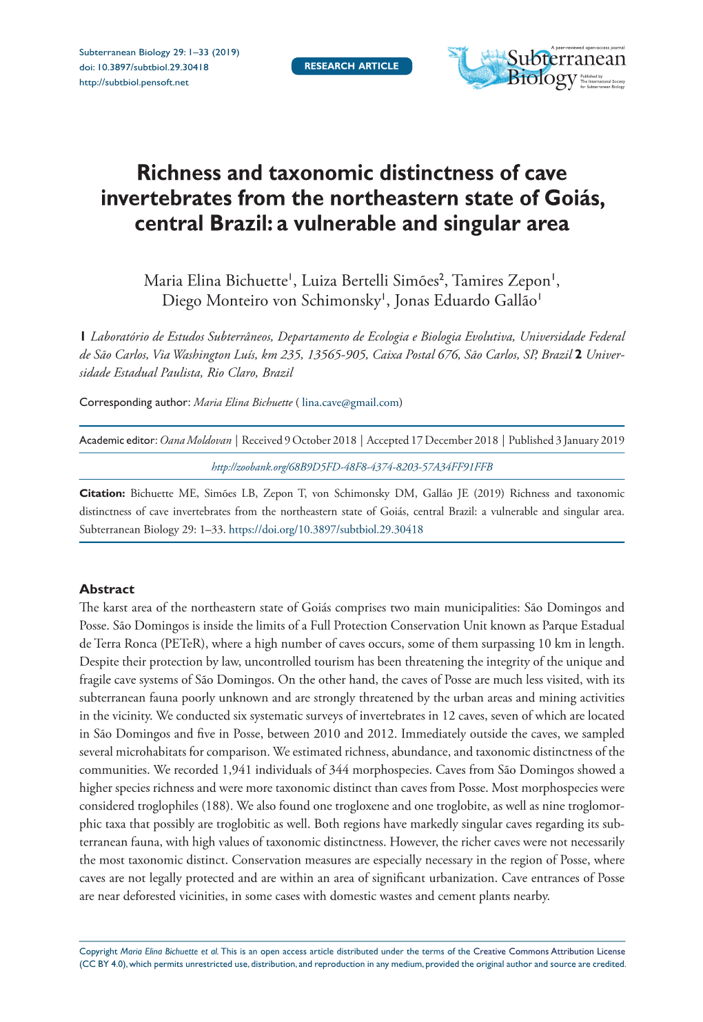 ﻿Richness and Taxonomic Distinctness of Cave Invertebrates from The