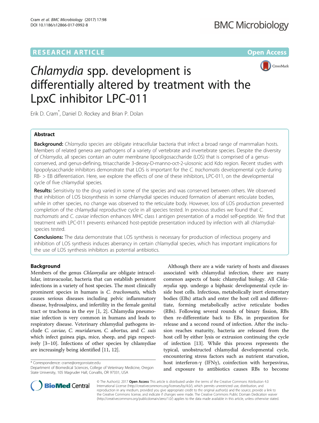 Chlamydia Spp. Development Is Differentially Altered by Treatment with the Lpxc Inhibitor LPC-011 Erik D