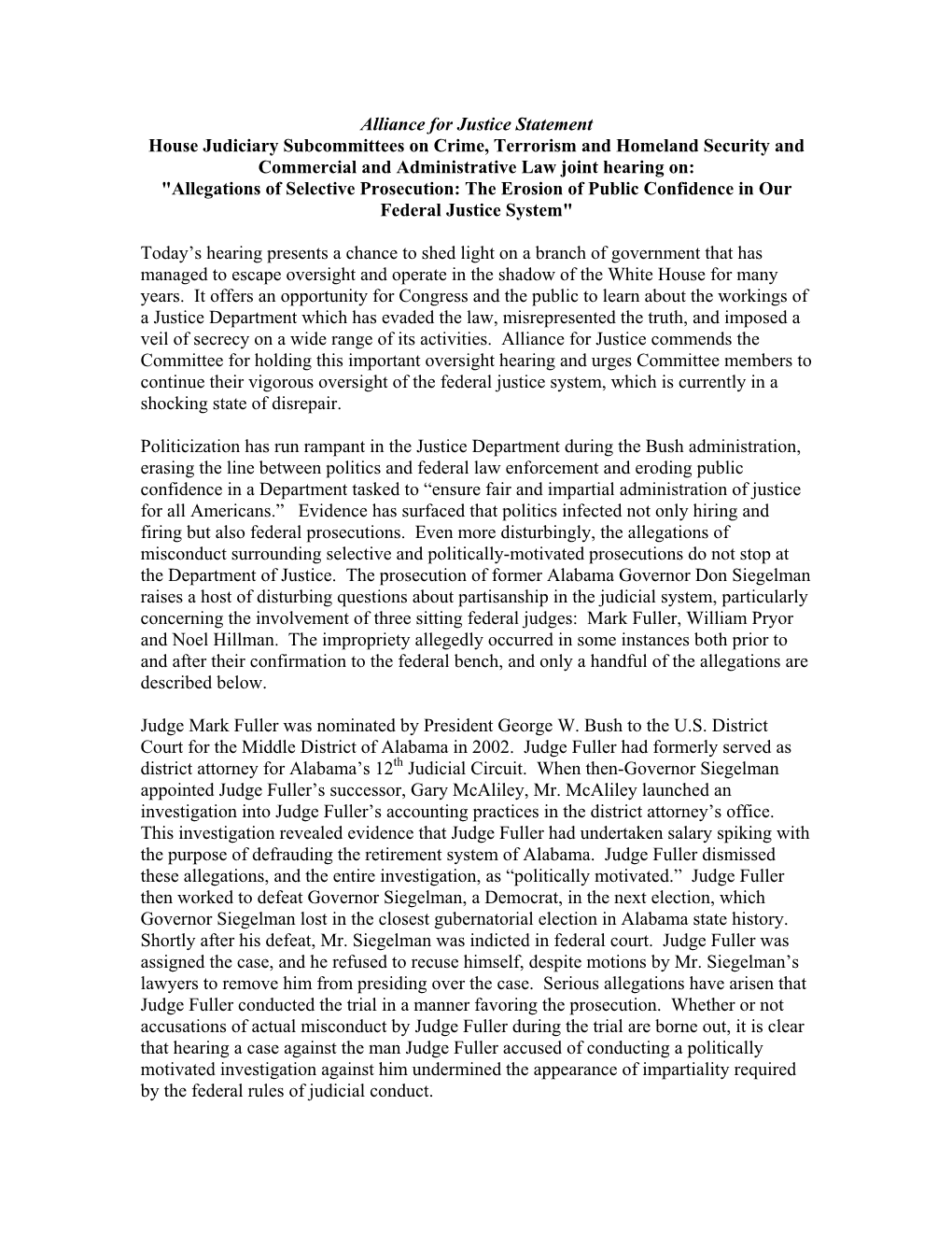 Alliance for Justice Statement House Judiciary Subcommittees on Crime, Terrorism and Homeland Security and Commercial and Admin
