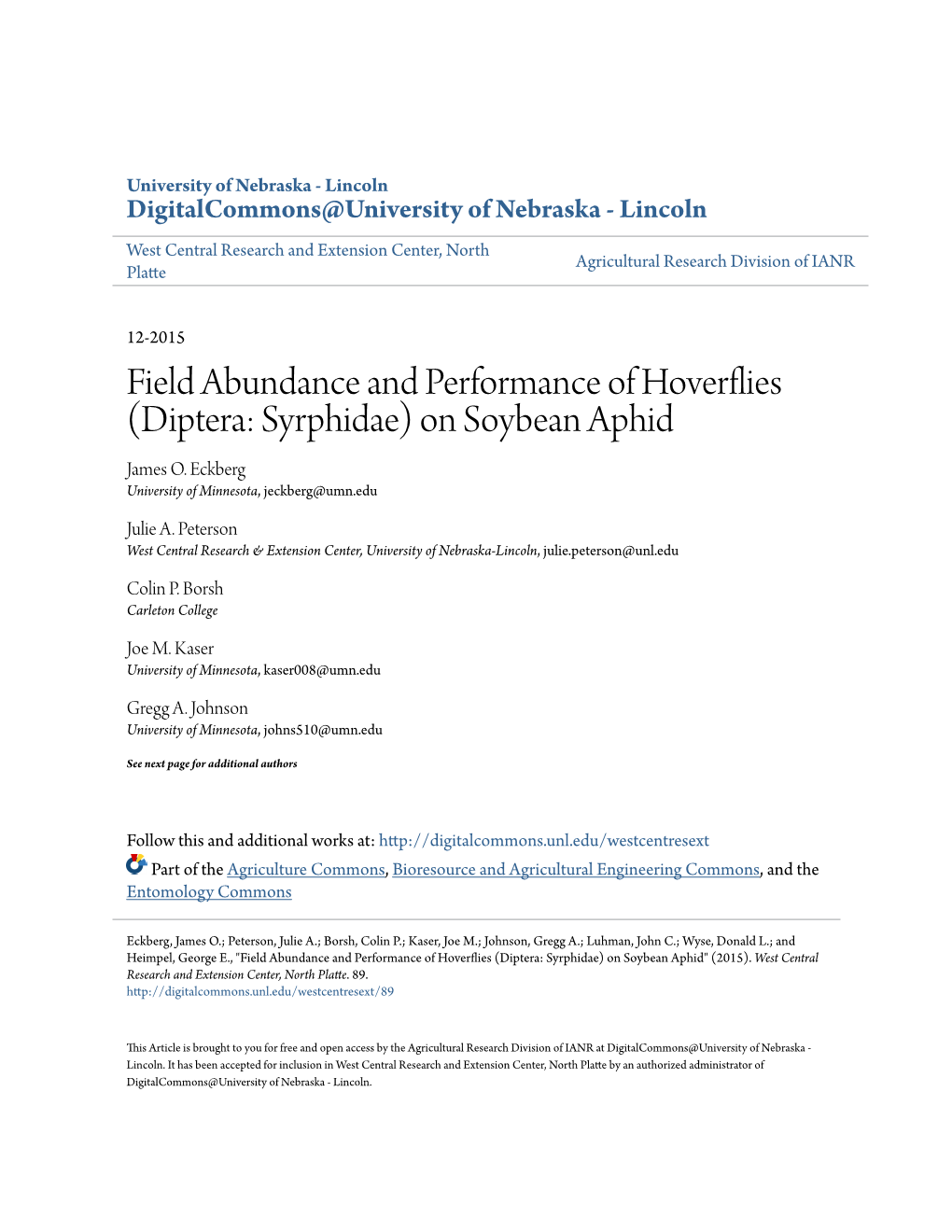 Field Abundance and Performance of Hoverflies (Diptera: Syrphidae) on Soybean Aphid James O