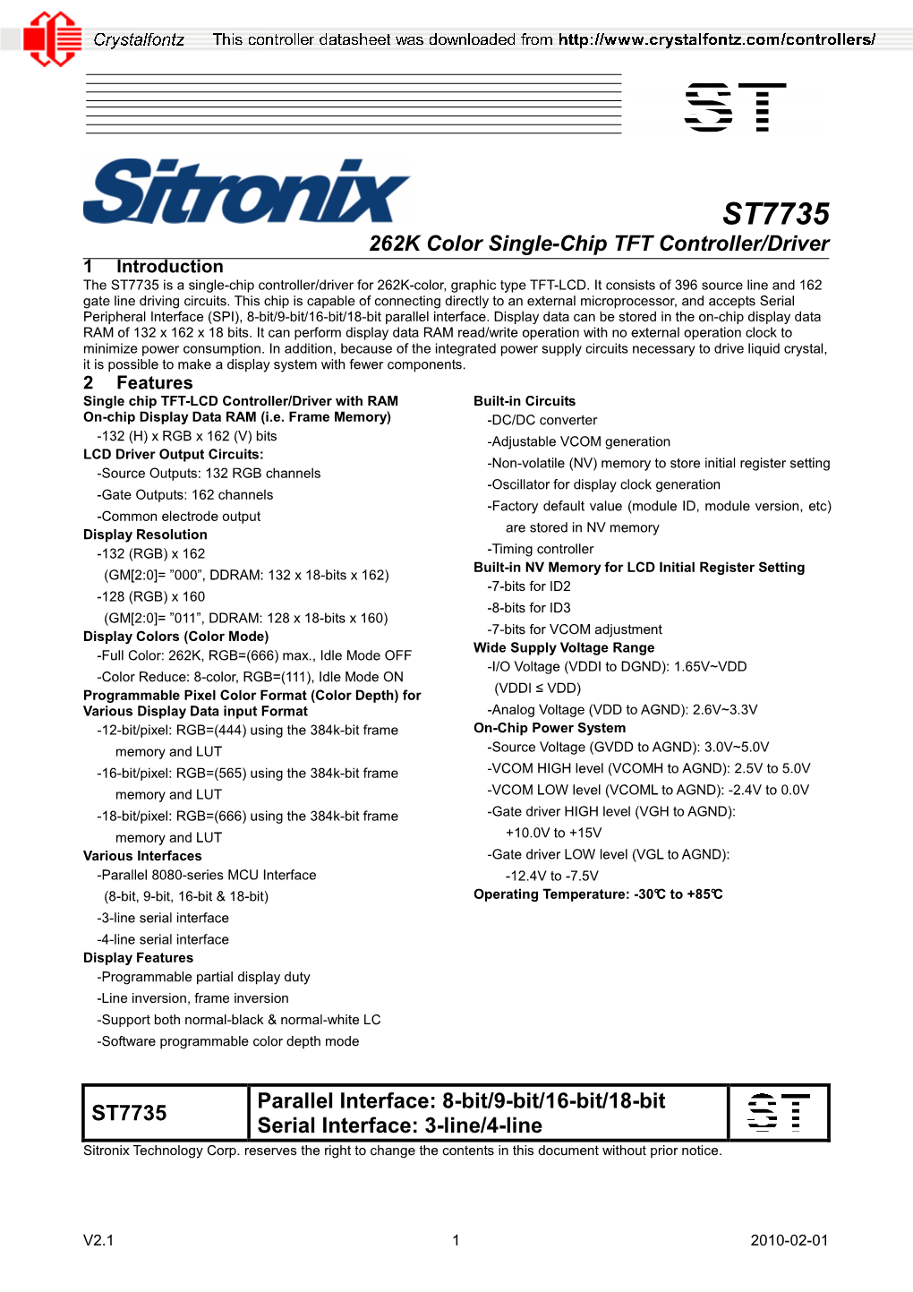 Sitronix ST7735 Controller Datasheet