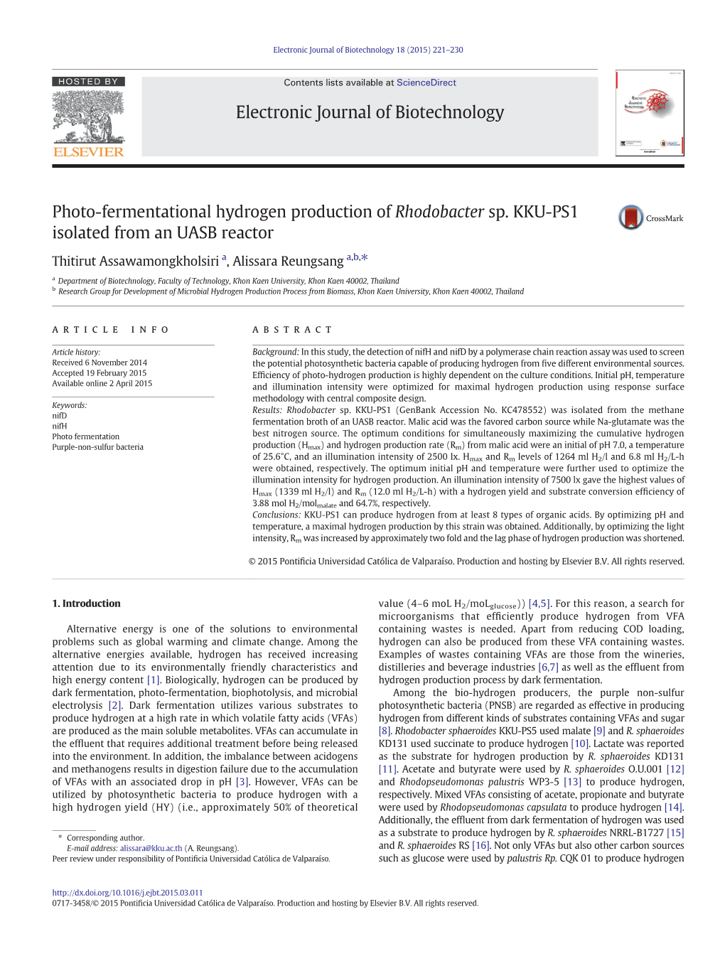 Photo-Fermentational Hydrogen Production of Rhodobacter Sp. KKU-PS1 Isolated from an UASB Reactor