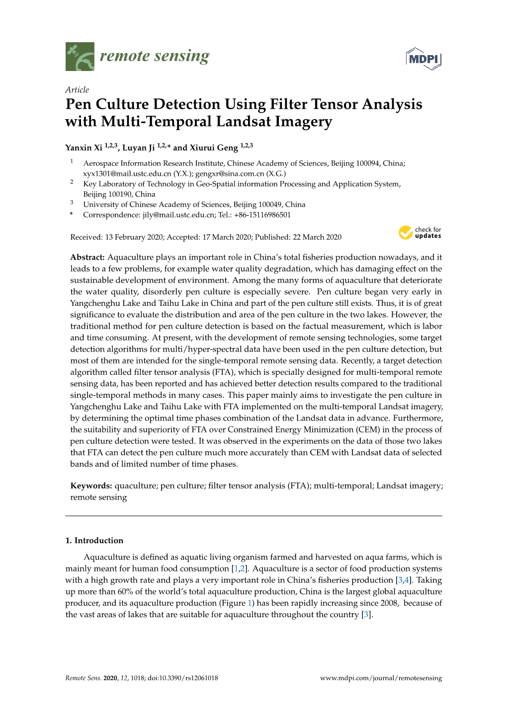 Pen Culture Detection Using Filter Tensor Analysis with Multi-Temporal Landsat Imagery