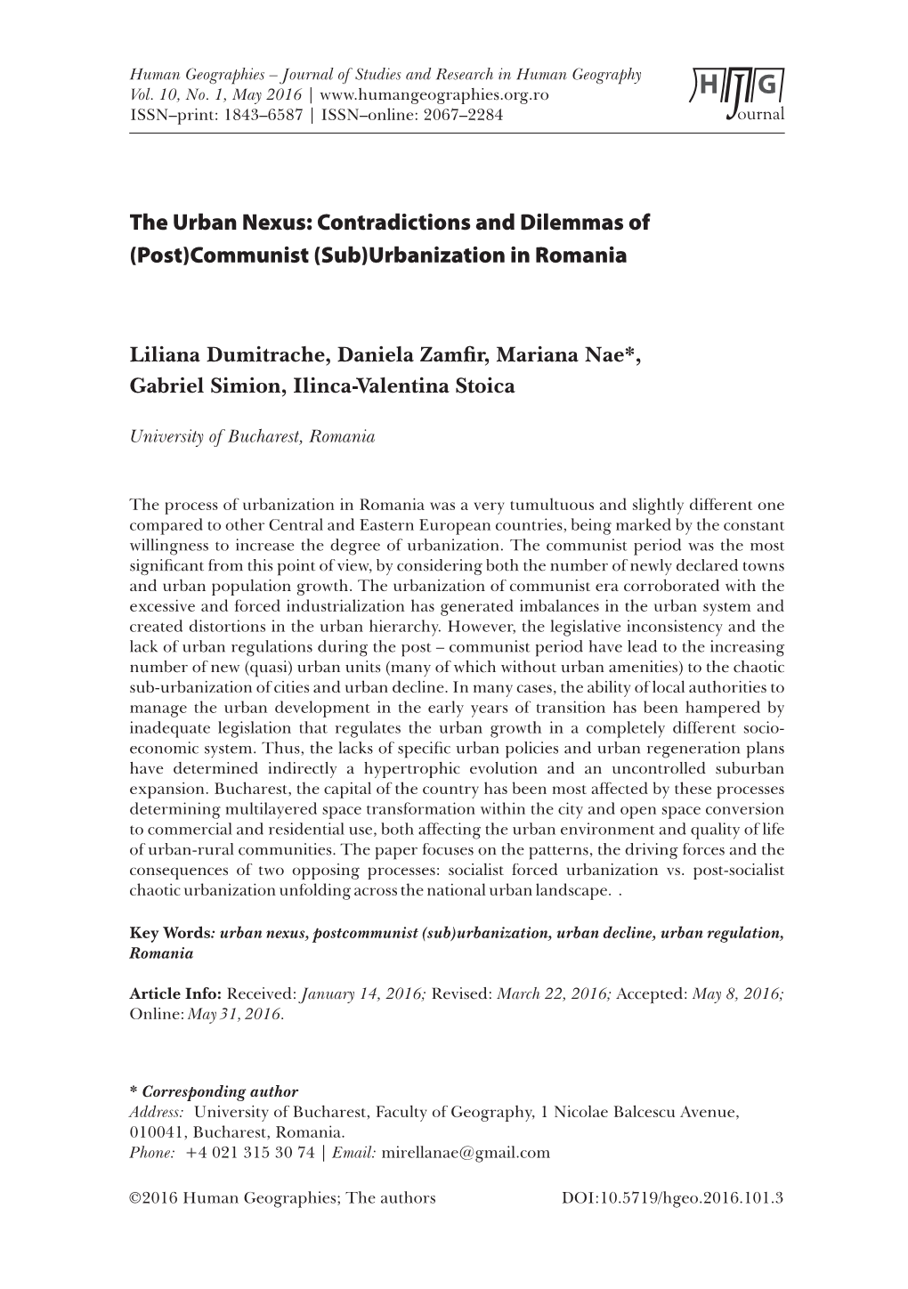 The Urban Nexus: Contradictions and Dilemmas of (Post)Communist (Sub)Urbanization in Romania
