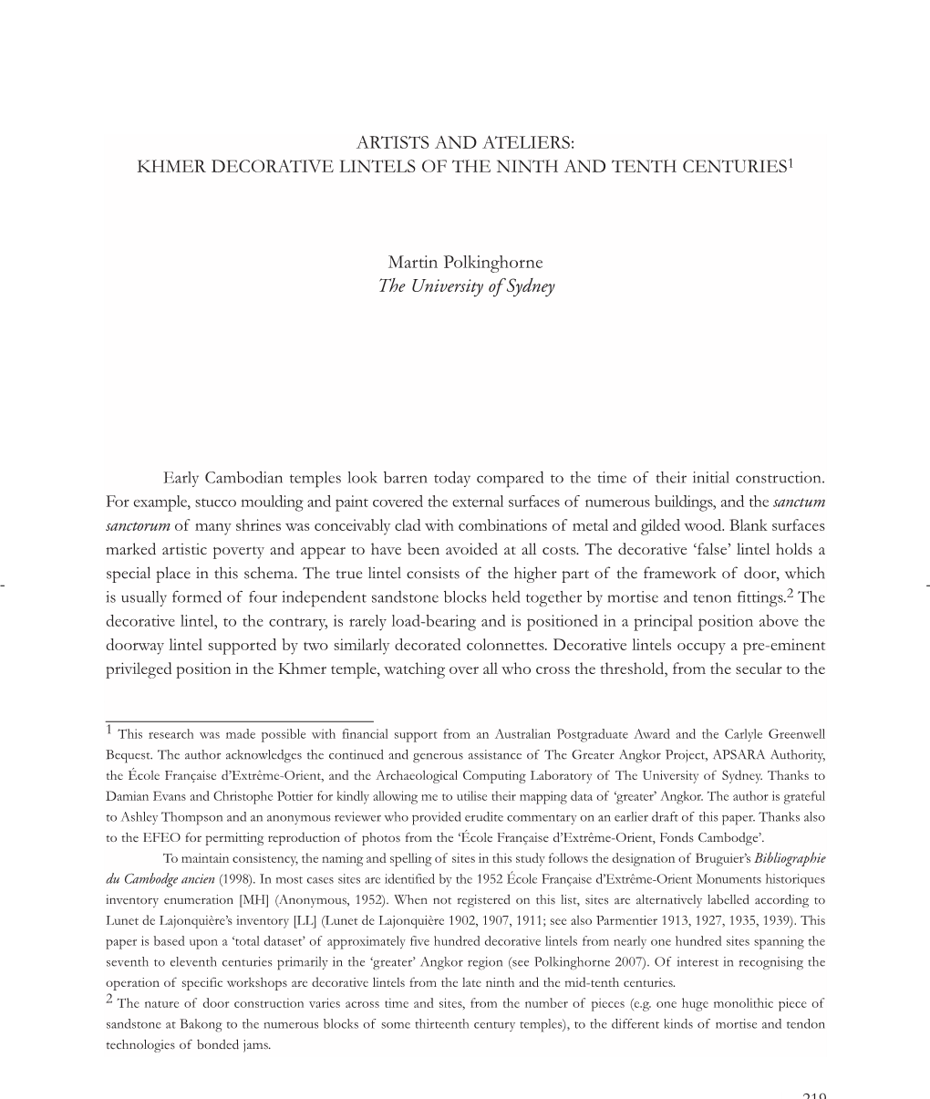 Artists and Ateliers: Khmer Decorative Lintels of the Ninth and Tenth Centuries1