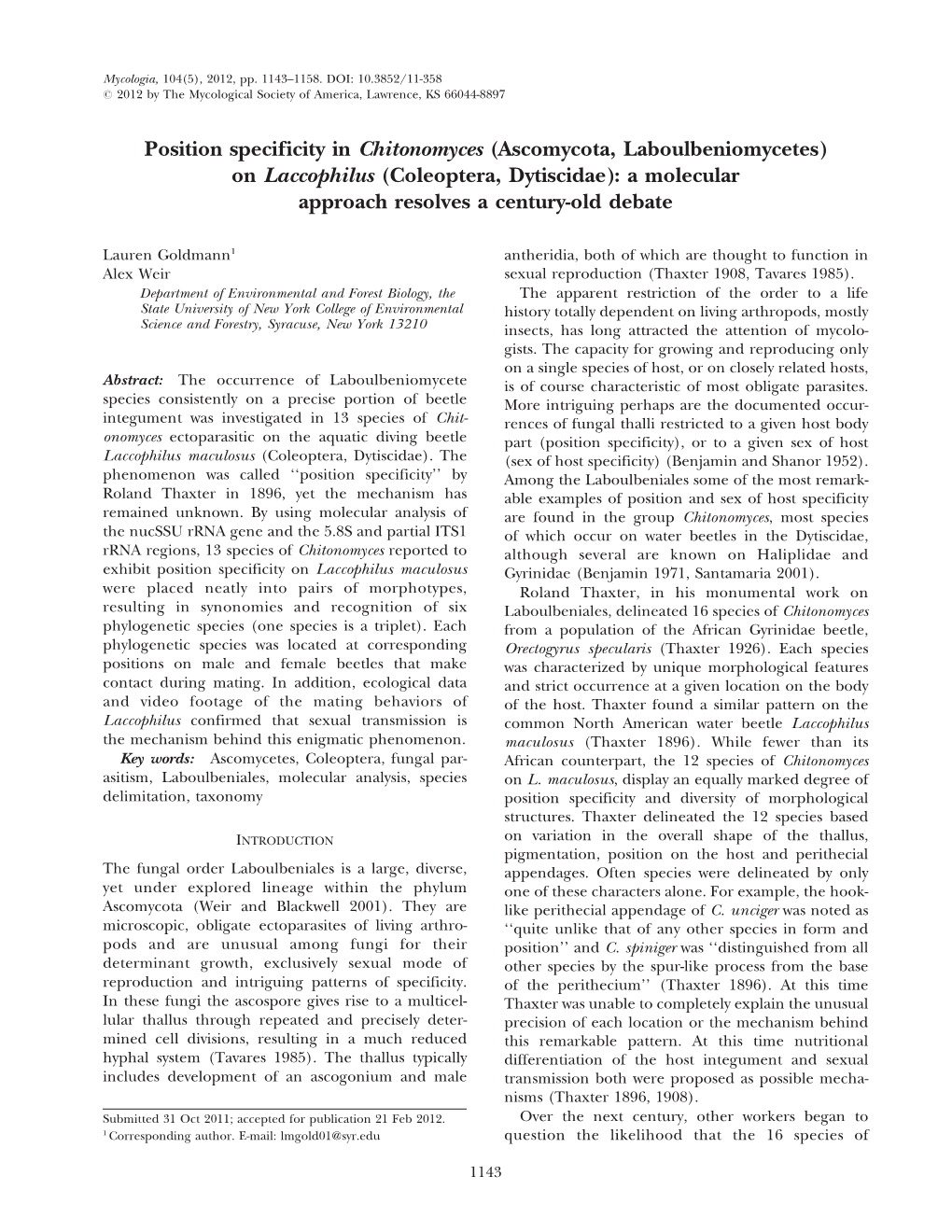 Position Specificity in Chitonomyces (Ascomycota, Laboulbeniomycetes) on Laccophilus (Coleoptera, Dytiscidae): a Molecular Approach Resolves a Century-Old Debate