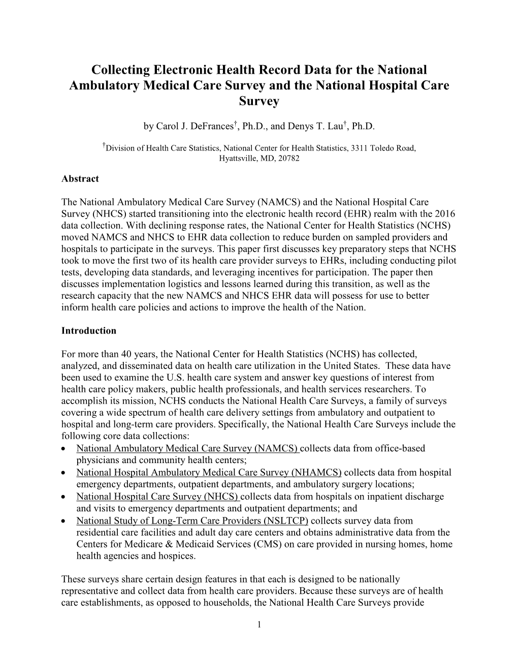 Collecting Electronic Health Record Data for the National Ambulatory Medical Care Survey and the National Hospital Care Survey