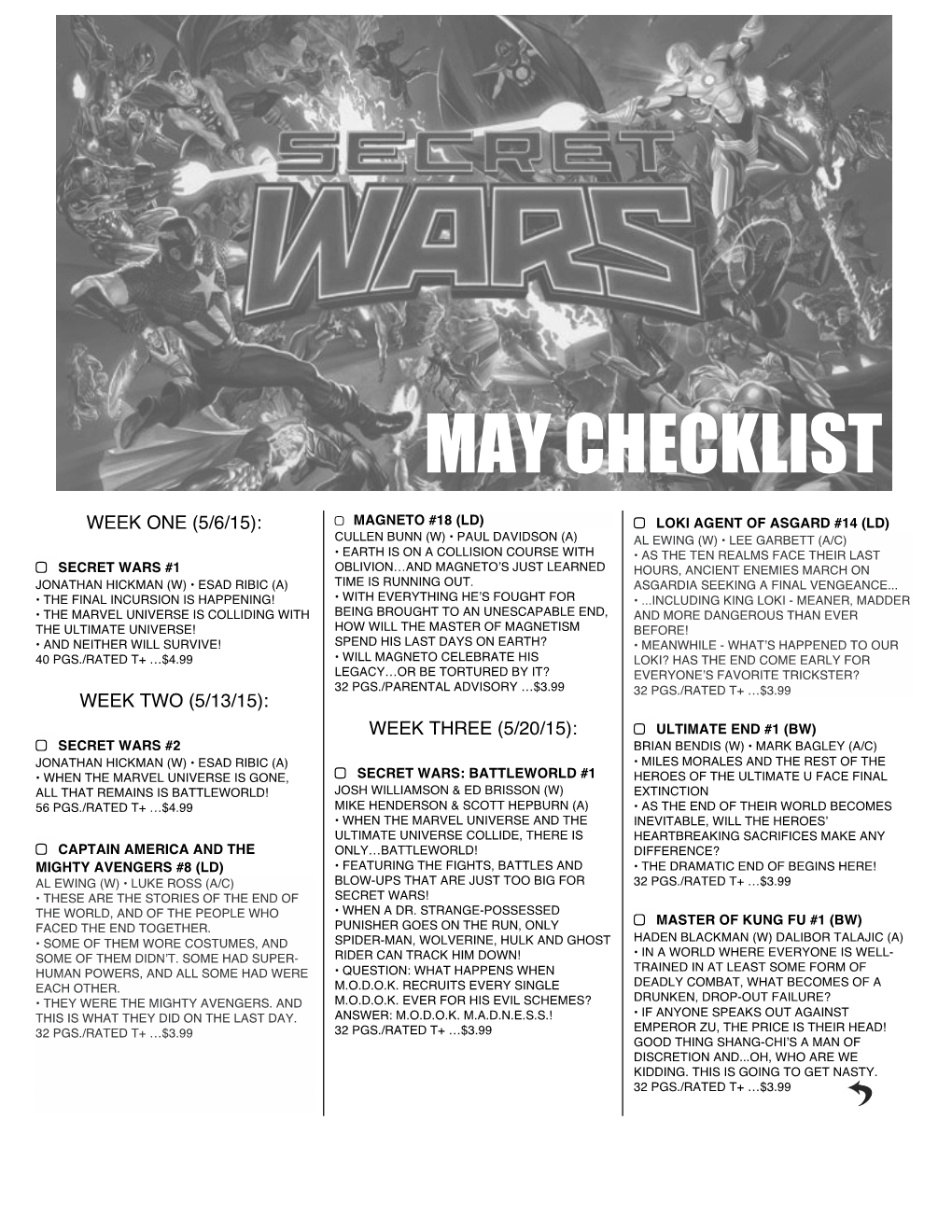 GENERIC Secret Wars Checklist