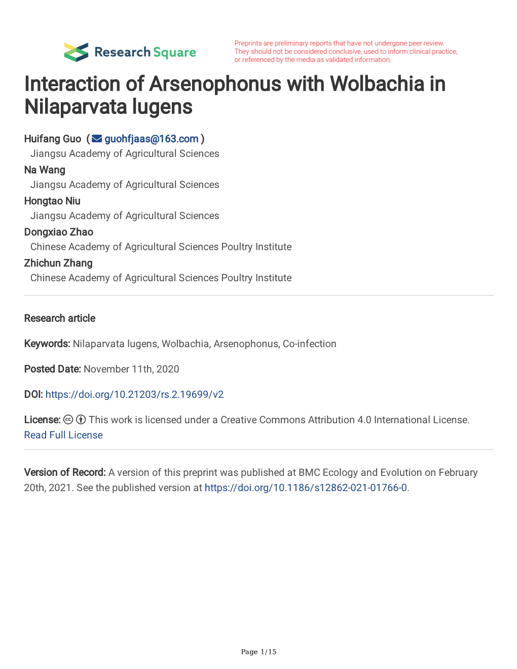 Interaction of Arsenophonus with Wolbachia in Nilaparvata Lugens