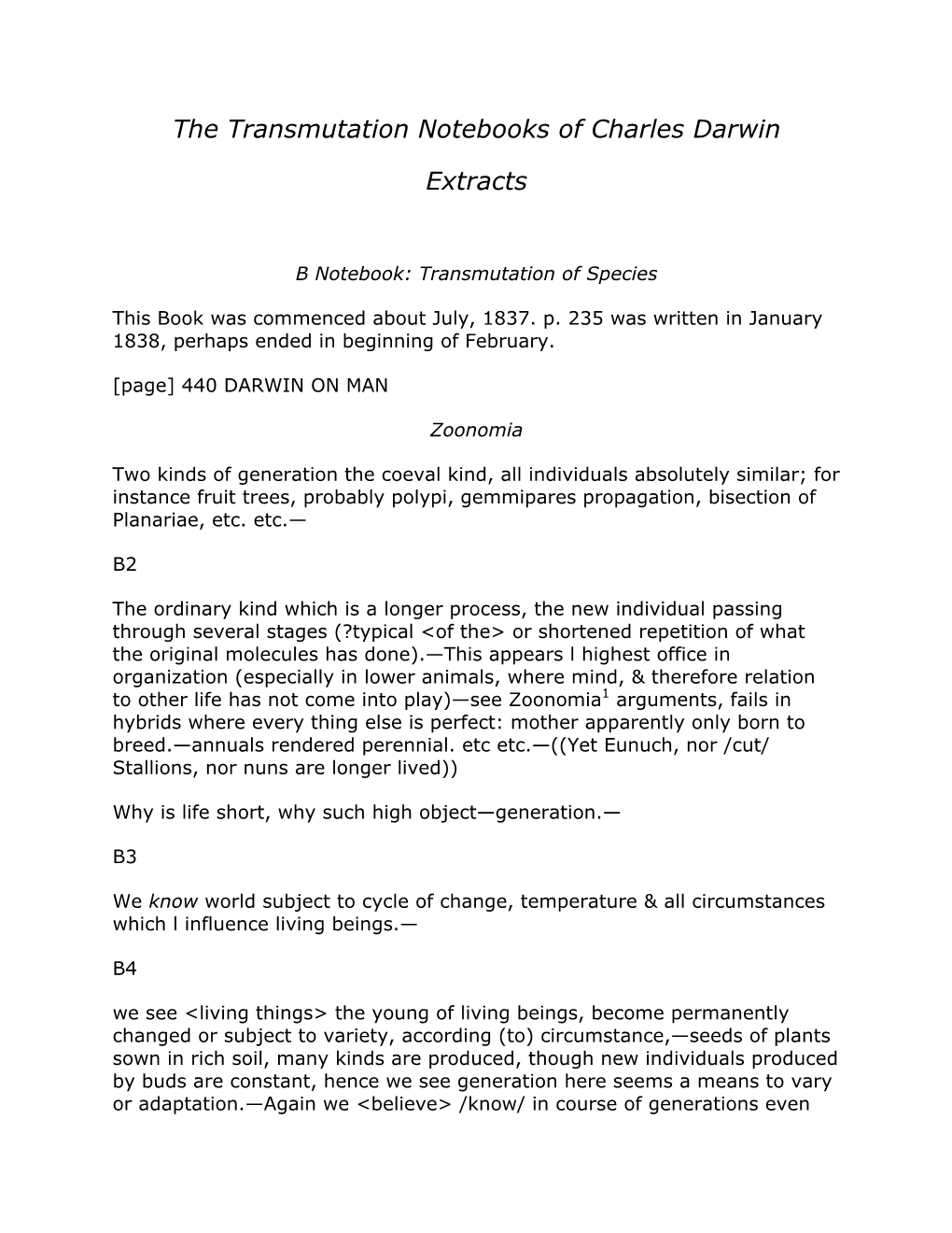 The Transmutation Notebooks of Charles Darwin Extracts