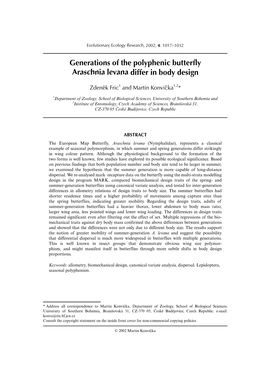 Generations of the Polyphenic Butterfly Araschnia Levana Differ in Body Design