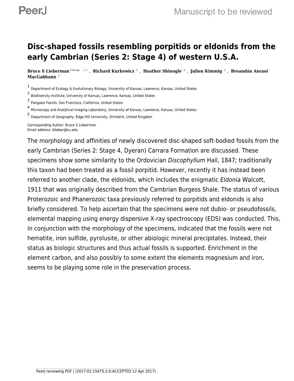 Disc-Shaped Fossils Resembling Porpitids Or Eldonids from the Early Cambrian (Series 2: Stage 4) of Western U.S.A