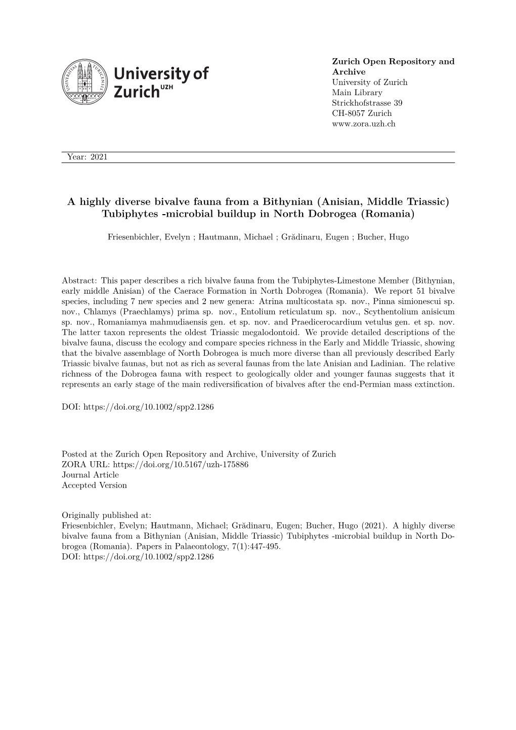 A Highly Diverse Bivalve Fauna from a Bithynian (Anisian, Middle Triassic) Tubiphytes-Microbial Buildup in North Dobrogea (Romania)